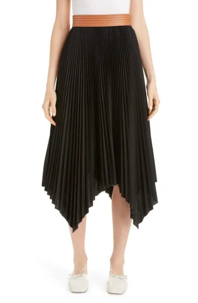 Loewe Asymmetric Leather-trimmed Crepe And Satin Midi Skirt In Black Tan