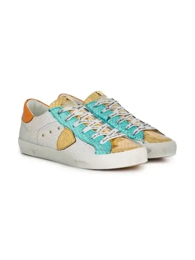 Philippe Model Kids' Logo Lace-up Croc-embossed Sneakers In Metallic