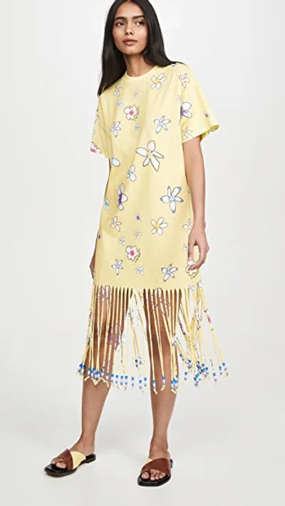 Mira Mikati Floral Print Fringe Beaded T-shirt Dress In Yellow