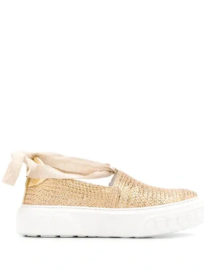 Casadei Woven Lace-up Sneakers In Gold