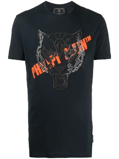 Philipp Plein Tiger Plaque Short Sleeve T-shirt In Blue