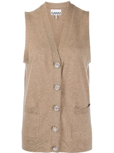 Ganni Knitted Sleeveless Cardigan In Brown