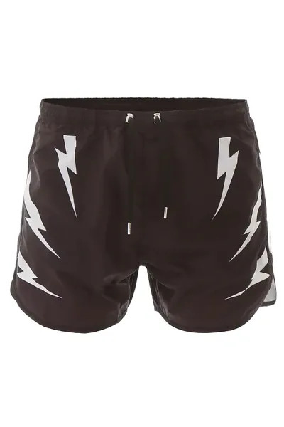 Neil Barrett Thunder Print Swim Trunks In Black,white