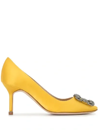 Manolo Blahnik 70mm Hangisi Swarovski Silk Satin Pumps In Bright Yellow