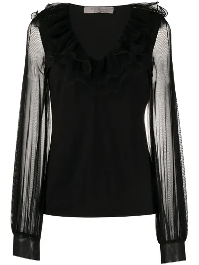 D-exterior Ruffle-neck Blouse In Black