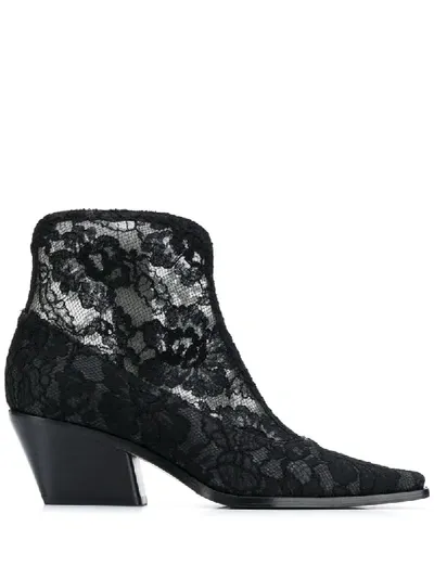 Le Silla Floral Lace Pointed Boots In Black