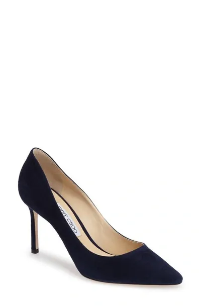 Jimmy Choo Romy 85 Suede Pump In Navy Suede