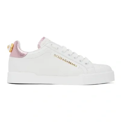 Dolce & Gabbana Portofino Sneakers In White Leather With Logo Pearl