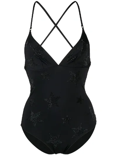 Stella Mccartney Crystal-star Strappy-back Swimsuit In Black