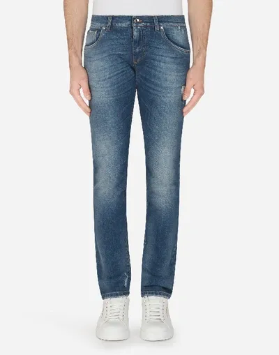 Dolce & Gabbana Stretch Skinny Jeans With Printed Cotton Details In Blue