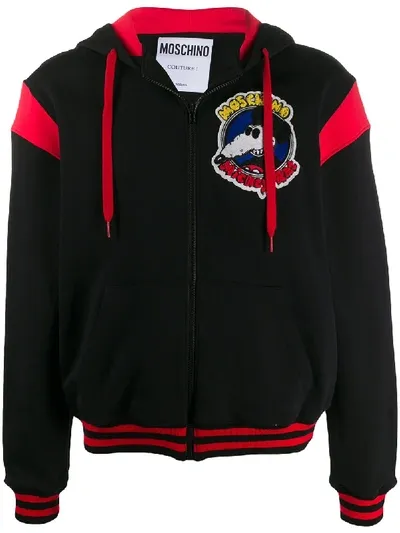 Moschino Mickey Rat Patch Zip-up Hoodie In Black