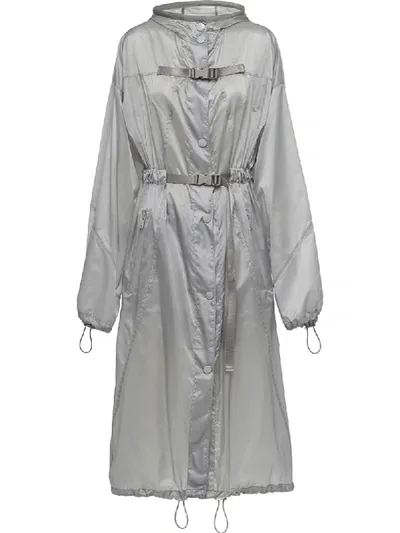 Prada Belted Hooded Raincoat In Silver