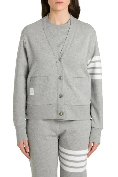 Thom Browne Logo Patch 4 Bar Sleeve Cardigan In Gray