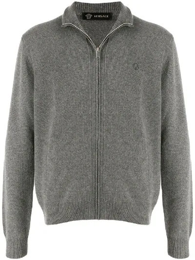 Versace Logo Zipped Jumper In Grey