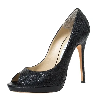 Pre-owned Jimmy Choo Black Lamè Fabric Quiet Peep Toe Platform Pumps Size 39.5