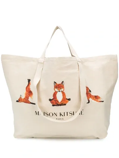 Maison Kitsuné Yoga Foxes Oversized Canvas Tote In Neutrals