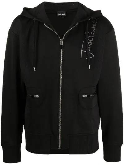 Just Cavalli Signature Logo Zip-up Hoodie In Black