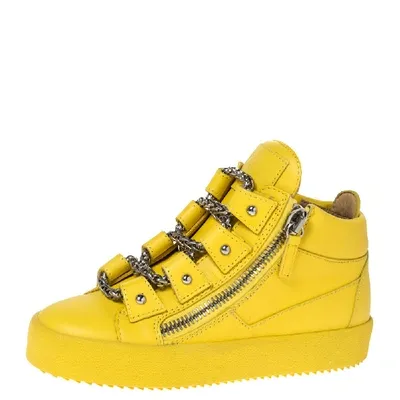 Pre-owned Giuseppe Zanotti Yellow Leather Gold Chain Laces Dual Zip Sneakers Size 35