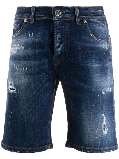 John Richmond Distressed Mid-rise Denim Shorts In Blue