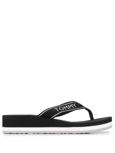 Tommy Hilfiger Embroidered Logo Flip Flops In Black