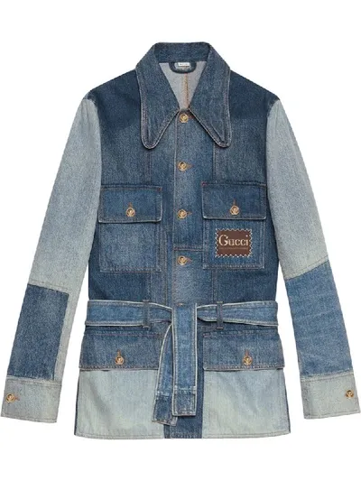 Gucci Patchwork Belted Denim Jacket In Blue