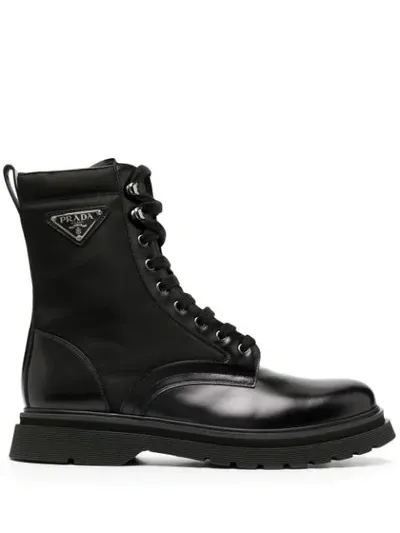 Prada Black Leather Ankle Boot With Logo In Nero