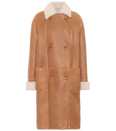 Loewe Contrast-collar Leather And Shearling Coat In Light Brown