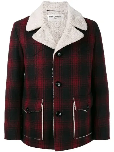 Saint Laurent Karierte Jacke Mit Fake-shearling-kragen In Red