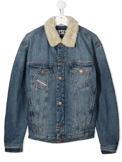 Diesel Teen Shearling Collar Denim Jacket In Blue