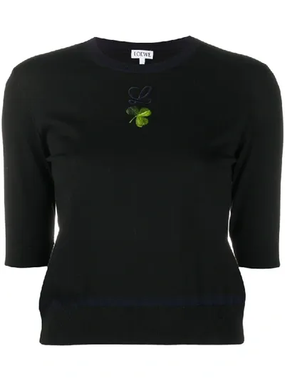 Loewe Shamrock Embroidered Cropped Sleeve Knitted Top In Black