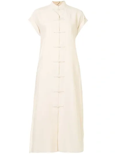 Shanghai Tang Roll Sleeve Loop Detail Dress In White