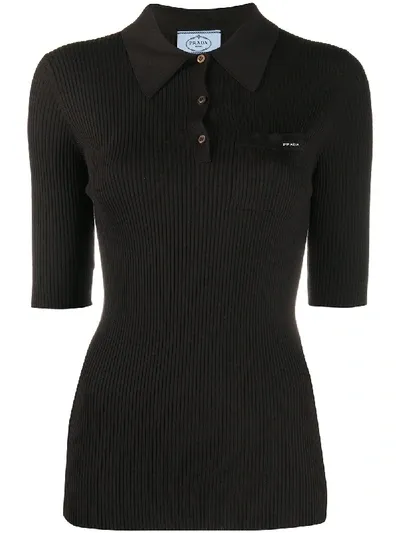 Prada Ribbed-knit Polo Shirt In Braun