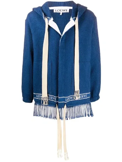 Loewe Hooded Logo Trim Honeycomb Cotton Jacket In Blue