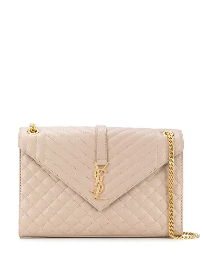 Saint Laurent Envelope Medium Quilted Textured-leather Shoulder Bag In Neutrals