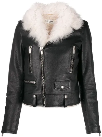 Saint Laurent Shearling Collar Biker Jacket In Black