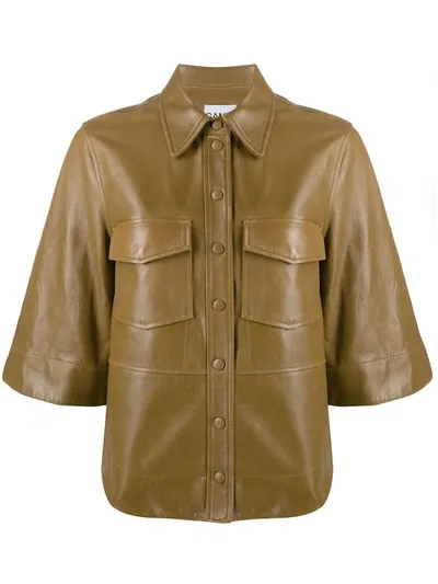 Ganni Faux-leather Button-up Shirt In Brown