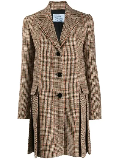 Prada Pleated Houndstooth Single-breasted Coat In Neutrals