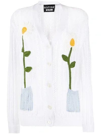 Moschino Knitted Floral Cardigan In White