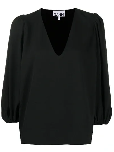 Ganni Balloon-sleeve V-neck Blouse In Schwarz