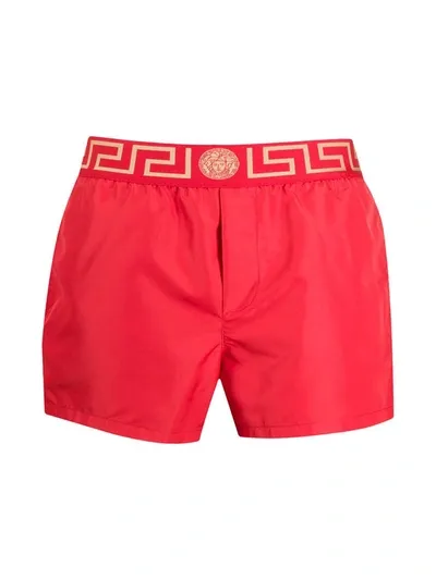 Versace Greca Border Long Boxer Trunks In Red Gold