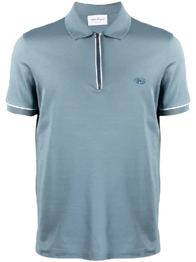 Ferragamo Gancini Zipped Polo Shirt In Blue