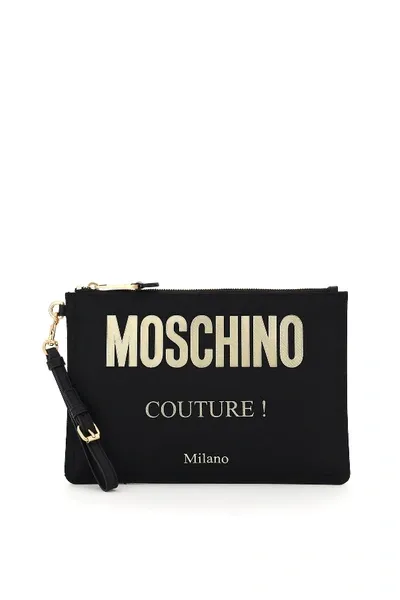 Moschino Couture Canvas Pouch In Black,gold