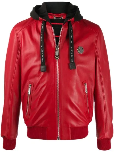 Philipp Plein Fleece Hood Bomber Jacket In Red