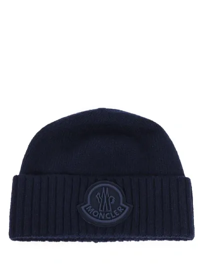 Moncler Logo Wool Cap In Blue