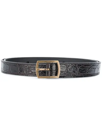 Saint Laurent Crocodile-embossed Pavé Buckle Belt In Brown