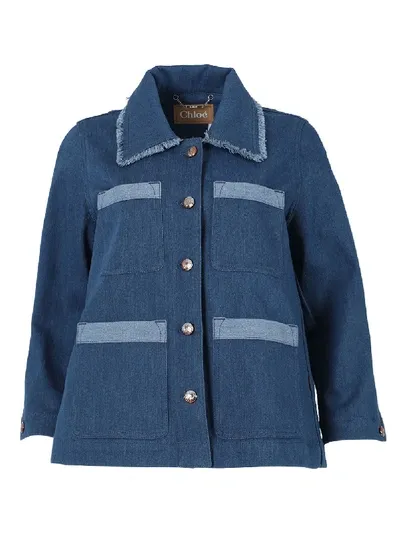 Chloé Button-up Frayed Denim Jacket In Blue