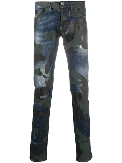 Philipp Plein Camouflage Print Straight Jeans In Blue