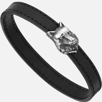 Montblanc Armband Aus Schwarzem Leder Mit Wolfskopf Aus Sterlingsilber Als Verschluss