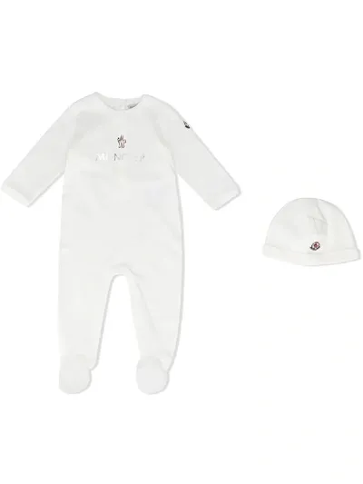 Moncler Logo Babygrow Beanie Hat Set In White