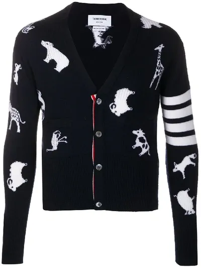 Thom Browne Intarsia Animal Fine Knit Cardigan In Blue